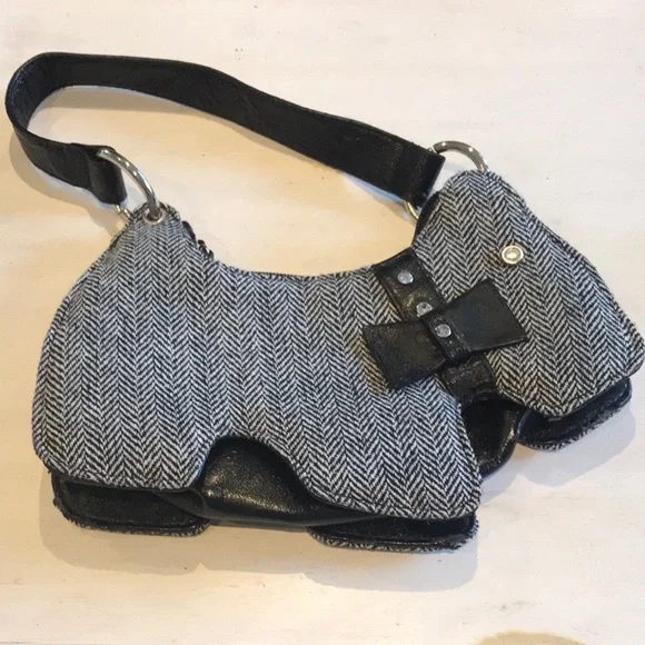 Dog Shaped Purse Black/White Herringbone Tweed Faux Leather Handbag Scottie - Picture 2 of 15